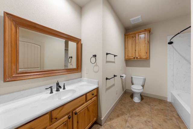 full bath featuring toilet, shower / tub combination, vanity, baseboards, and visible vents