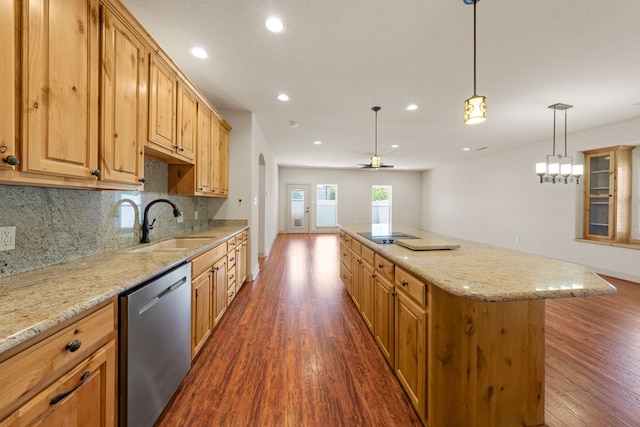 kitchen with recessed lighting, dishwasher, decorative backsplash, and dark wood finished floors