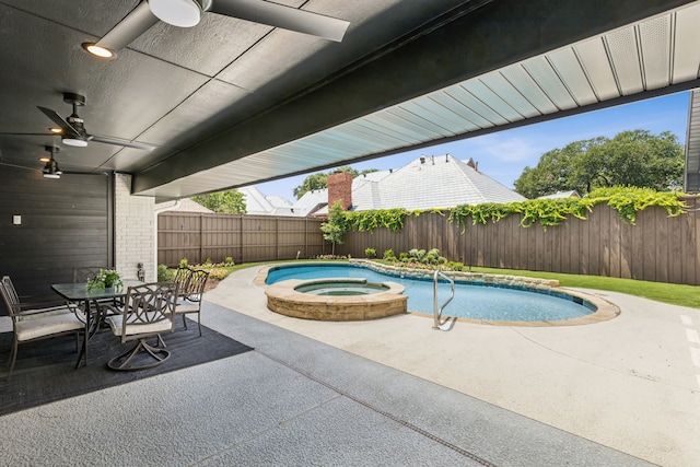 5702 Glen Heather Dr, Dallas, TX 75252 - view of pool featuring ceiling fan, a fenced backyard, a patio, and a pool with connected hot tub