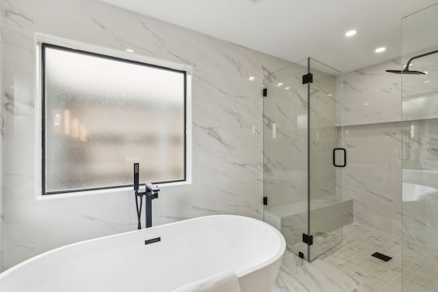 5702 Glen Heather Dr, Dallas, TX 75252 - full bath with a marble finish shower, a soaking tub, marble finish floors, and recessed lighting