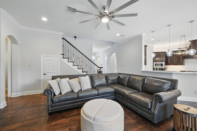 5314 Meritage Ln, Grapevine, TX 76051 - living area featuring arched walkways, ceiling fan, baseboards, recessed lighting, and stairs