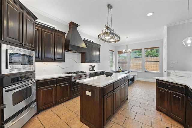 5314 Meritage Ln, Grapevine, TX 76051 - kitchen with appliances with stainless steel finishes, custom range hood, a chandelier, ornamental molding, and backsplash