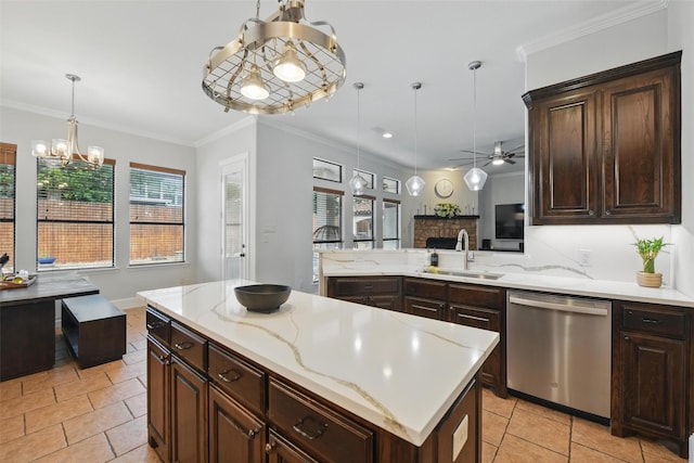 5314 Meritage Ln, Grapevine, TX 76051 - kitchen featuring dishwasher, a sink, a chandelier, a fireplace, and a ceiling fan