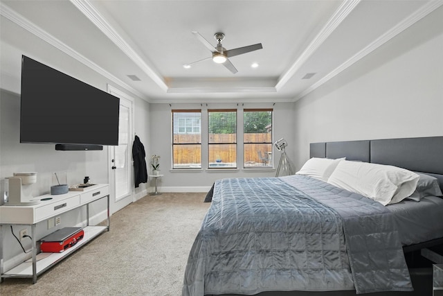 5314 Meritage Ln, Grapevine, TX 76051 - bedroom featuring a raised ceiling, light colored carpet, ornamental molding, a ceiling fan, and baseboards
