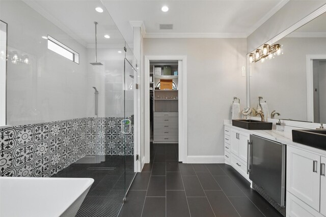 5314 Meritage Ln, Grapevine, TX 76051 - full bath featuring a stall shower, double vanity, recessed lighting, ornamental molding, and a spacious closet