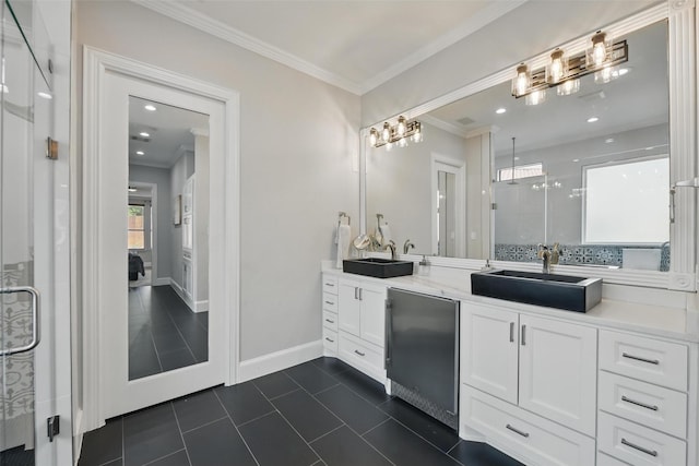 5314 Meritage Ln, Grapevine, TX 76051 - bathroom featuring a stall shower, ornamental molding, double vanity, tile patterned flooring, and baseboards
