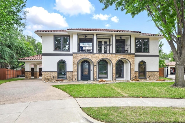 5314 Meritage Ln, Grapevine, TX 76051 - mediterranean / spanish home featuring a balcony, stucco siding, a tile roof, and stone siding