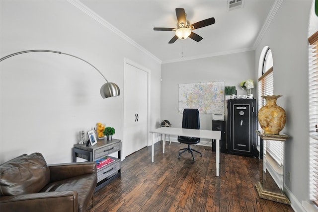 5314 Meritage Ln, Grapevine, TX 76051 - office area with ceiling fan, wood finished floors, and ornamental molding