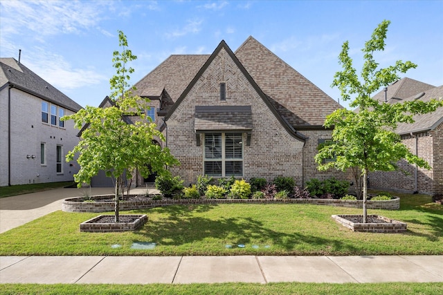 view of front facade featuring brick siding, a front yard, and roof with shingles