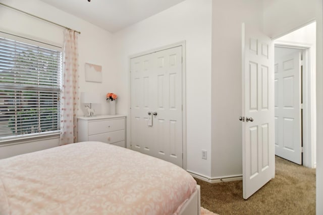 bedroom featuring a closet and light colored carpet