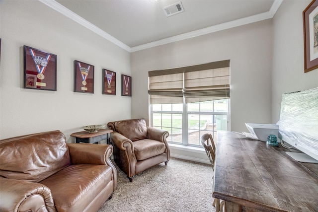 home office featuring visible vents, crown molding, and carpet floors