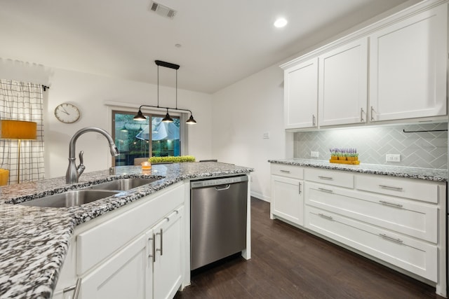 2321 Molly Ln, Plano, TX 75074 - kitchen with white cabinetry, stainless steel dishwasher, a sink, visible vents, and dark wood-type flooring