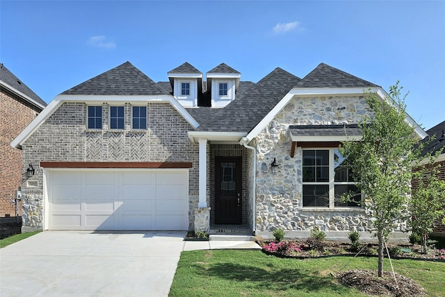 view of front facade featuring driveway, a garage, a front lawn, and stone siding