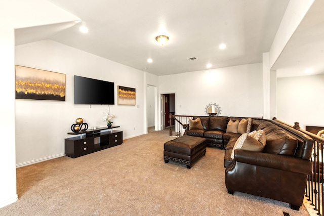 living room featuring visible vents, recessed lighting, carpet flooring, and baseboards