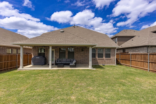 4114 Anglers Way, Royse City, TX 75189 - back of property with an outdoor living space, a fenced backyard, brick siding, a shingled roof, and a patio