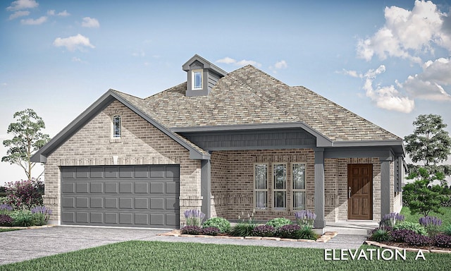 view of front facade with driveway, a garage, a high end roof, and brick siding