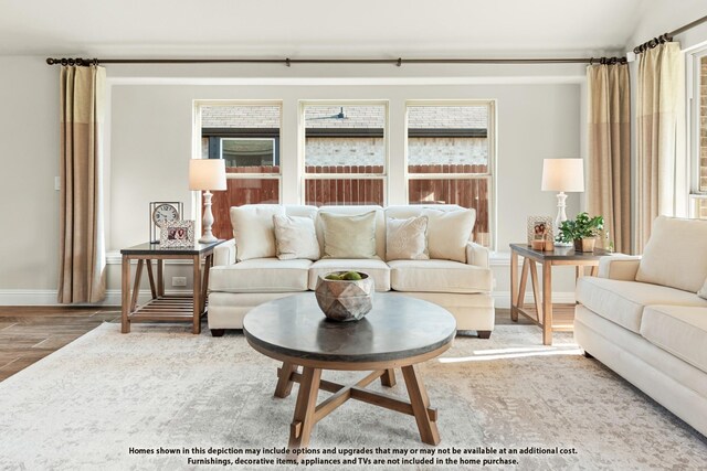 living room with baseboards and wood finished floors