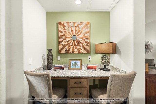 home office featuring built in study area and recessed lighting