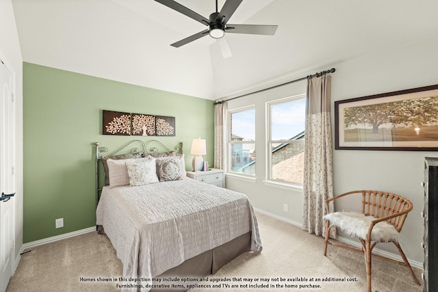 carpeted bedroom featuring a ceiling fan, high vaulted ceiling, and baseboards