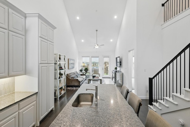kitchen with dark wood-style flooring, a ceiling fan, high vaulted ceiling, and a sink
