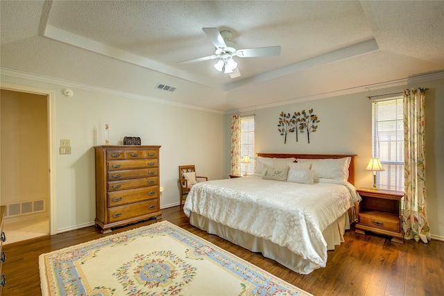 bedroom featuring visible vents, multiple windows, and a tray ceiling