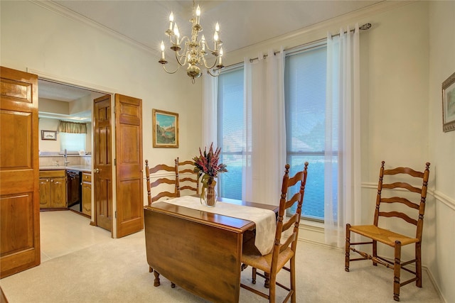 dining area featuring a notable chandelier, light carpet, and crown molding