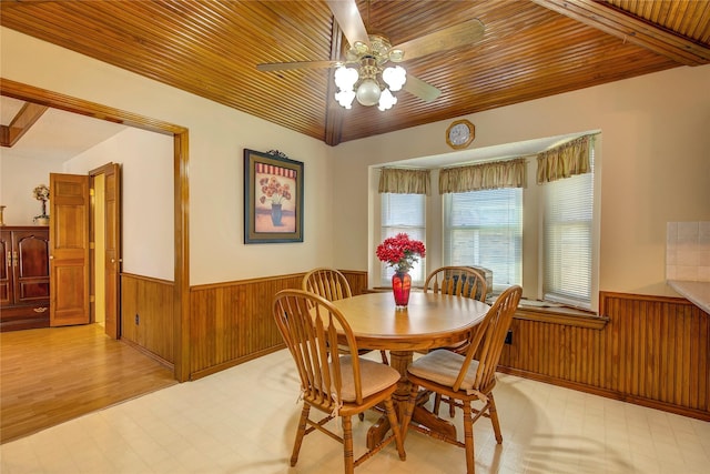 dining room featuring wood ceiling, wooden walls, a ceiling fan, and wainscoting