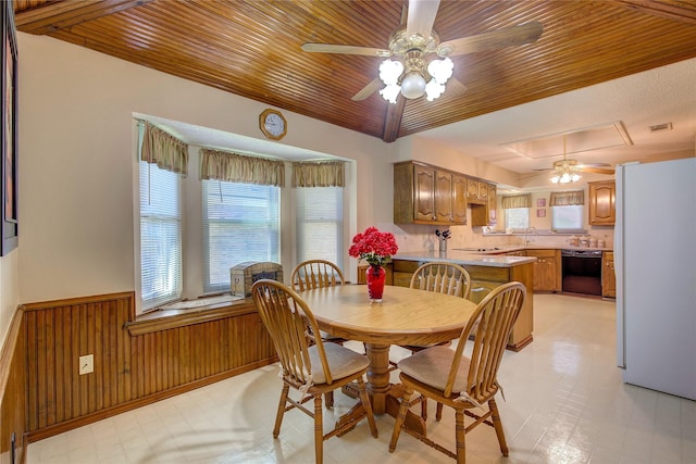 dining room featuring a wainscoted wall, a ceiling fan, a wealth of natural light, and light floors