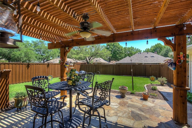 view of patio / terrace featuring a pergola, a ceiling fan, outdoor dining space, and a fenced backyard