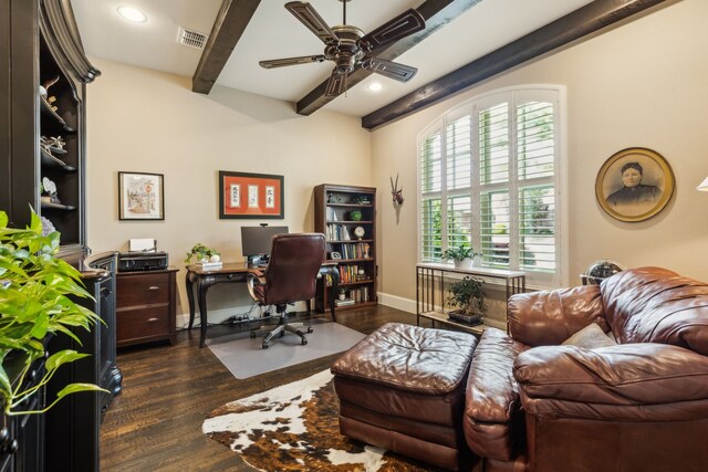 office featuring dark wood-style flooring, beam ceiling, a ceiling fan, visible vents, and baseboards