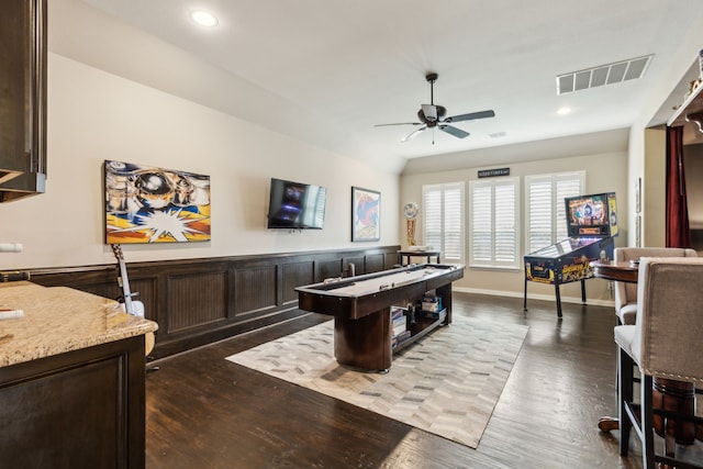 playroom featuring visible vents, ceiling fan, recessed lighting, and dark wood finished floors