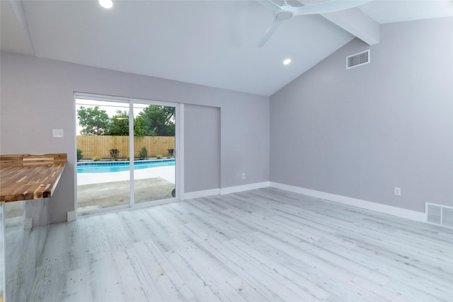 unfurnished living room with visible vents, wood finished floors, a ceiling fan, and recessed lighting