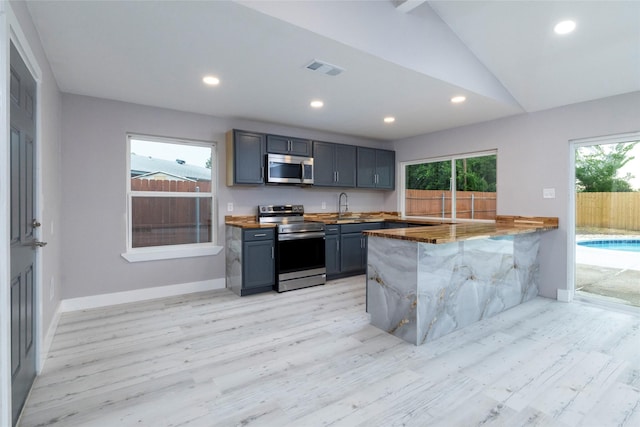 kitchen featuring a peninsula, appliances with stainless steel finishes, light wood-style flooring, and a sink