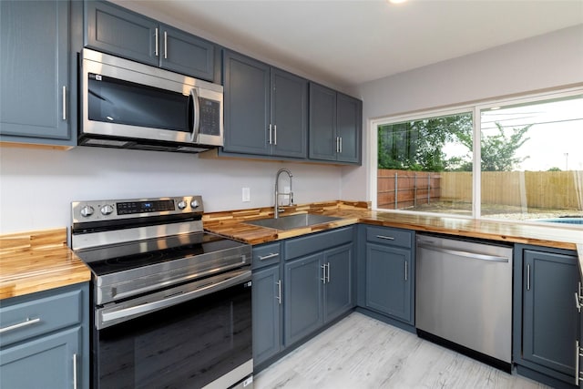 kitchen with light wood-style flooring, a sink, butcher block counters, appliances with stainless steel finishes, and blue cabinets