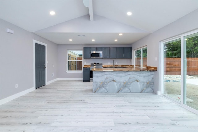 kitchen with recessed lighting, stainless steel appliances, and light wood-type flooring
