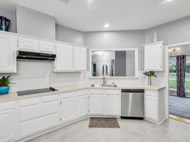 2024 Crestside Dr, Carrollton, TX 75007 - kitchen featuring dishwasher, under cabinet range hood, a sink, black electric stovetop, and light countertops