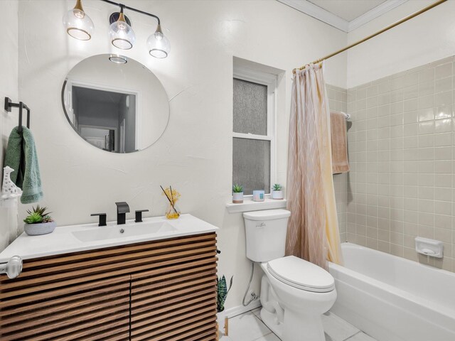 2024 Crestside Dr, Carrollton, TX 75007 - bathroom featuring toilet, tile patterned floors, crown molding, shower / tub combo, and vanity