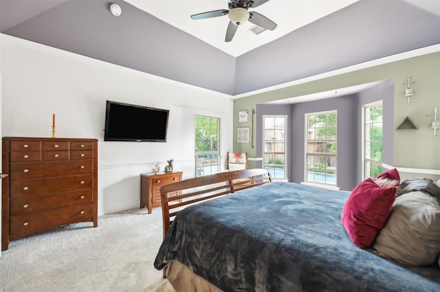 14209 Signal Hill Dr, Little Elm, TX 75068 - bedroom featuring ceiling fan, light colored carpet, and high vaulted ceiling
