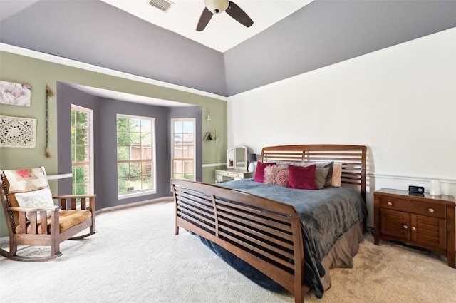 14209 Signal Hill Dr, Little Elm, TX 75068 - carpeted bedroom with ceiling fan, vaulted ceiling, and visible vents