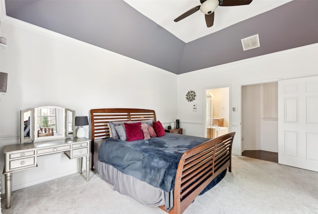 14209 Signal Hill Dr, Little Elm, TX 75068 - bedroom featuring ceiling fan, a towering ceiling, visible vents, carpet, and ensuite bath