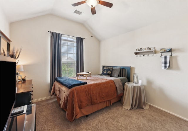 14209 Signal Hill Dr, Little Elm, TX 75068 - bedroom featuring visible vents, lofted ceiling, baseboards, ceiling fan, and carpet flooring
