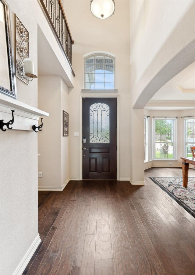 14209 Signal Hill Dr, Little Elm, TX 75068 - foyer featuring arched walkways, baseboards, a high ceiling, and hardwood / wood-style floors