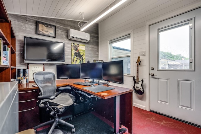 office area featuring wood walls and a wall unit AC