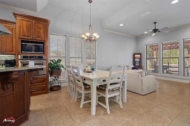 dining space featuring visible vents, ornamental molding, light tile patterned flooring, recessed lighting, and ceiling fan with notable chandelier
