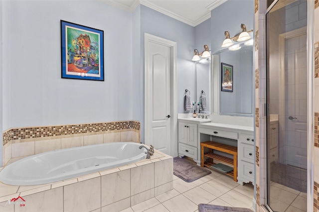 bathroom featuring vanity, ornamental molding, a stall shower, and a bath