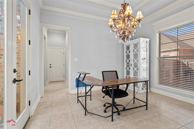 office with an inviting chandelier, crown molding, and light tile patterned flooring
