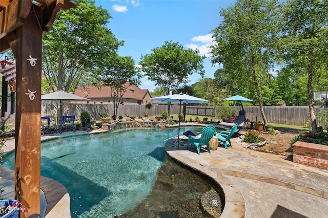 view of swimming pool with a fenced in pool, a fenced backyard, and a patio