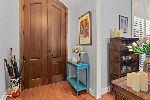 foyer featuring baseboards and light wood-style floors