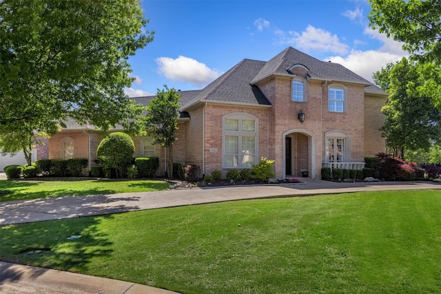 french country style house with brick siding, a shingled roof, and a front lawn