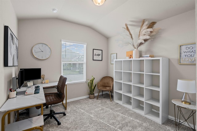 office with lofted ceiling, carpet, and baseboards